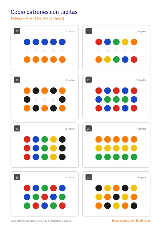 Tarjetas de Secuencia con tapitas con patrones de colores para reproducir en el tablero.